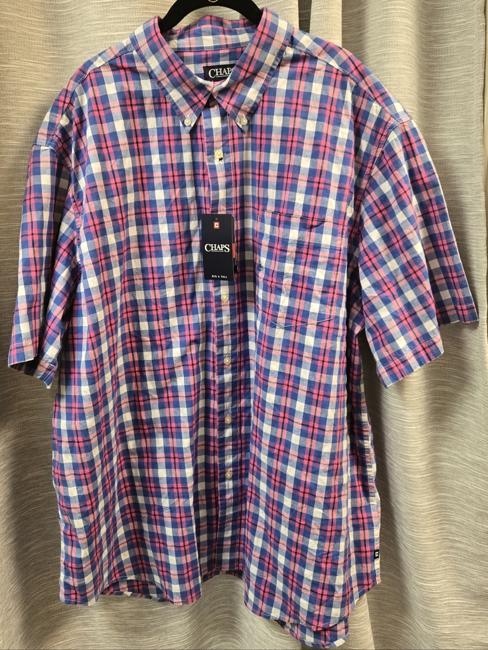 Chaps Men's Blue and Pink Short-Sleeve Plaid Button-Down Shirt